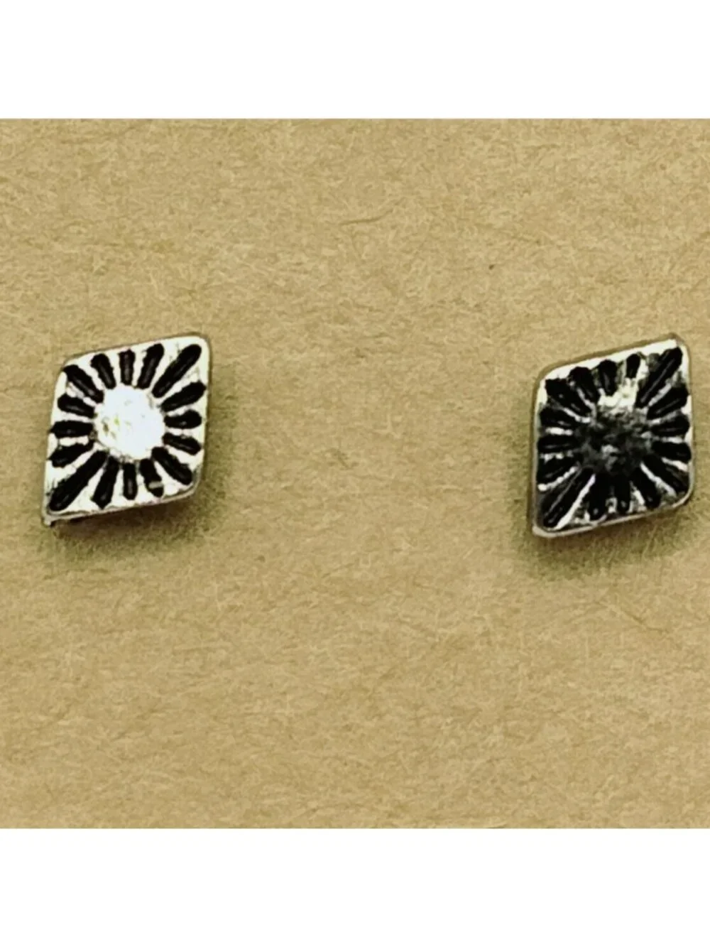 Diamond Shape Silver Stud Earrings Sunburst Design